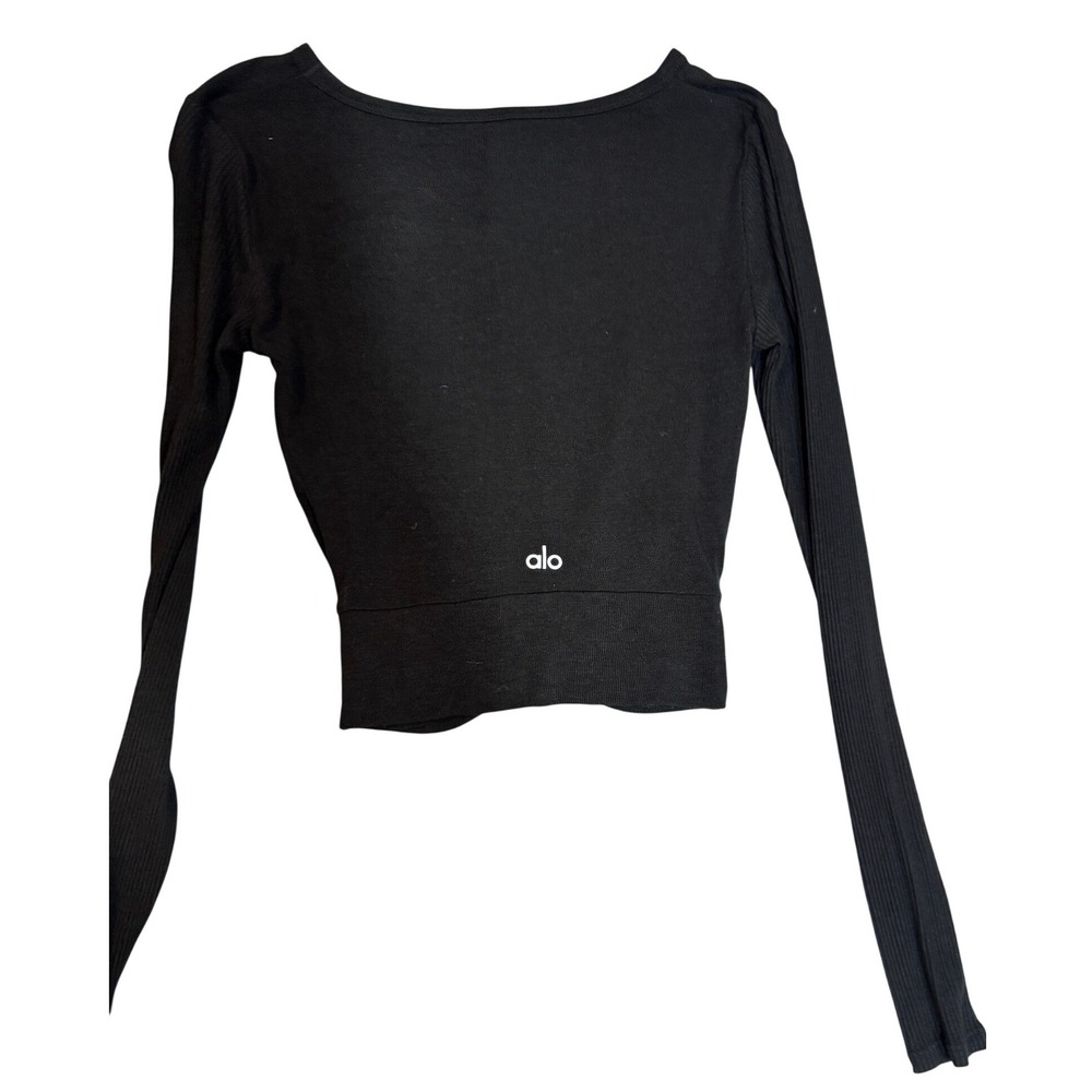 Alo Yoga Black Ribbed Twist Front Long Sleeve Crop Top XS Activewear